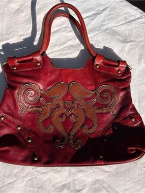 Red Leather Shoulder Bag with Brown Appliqué